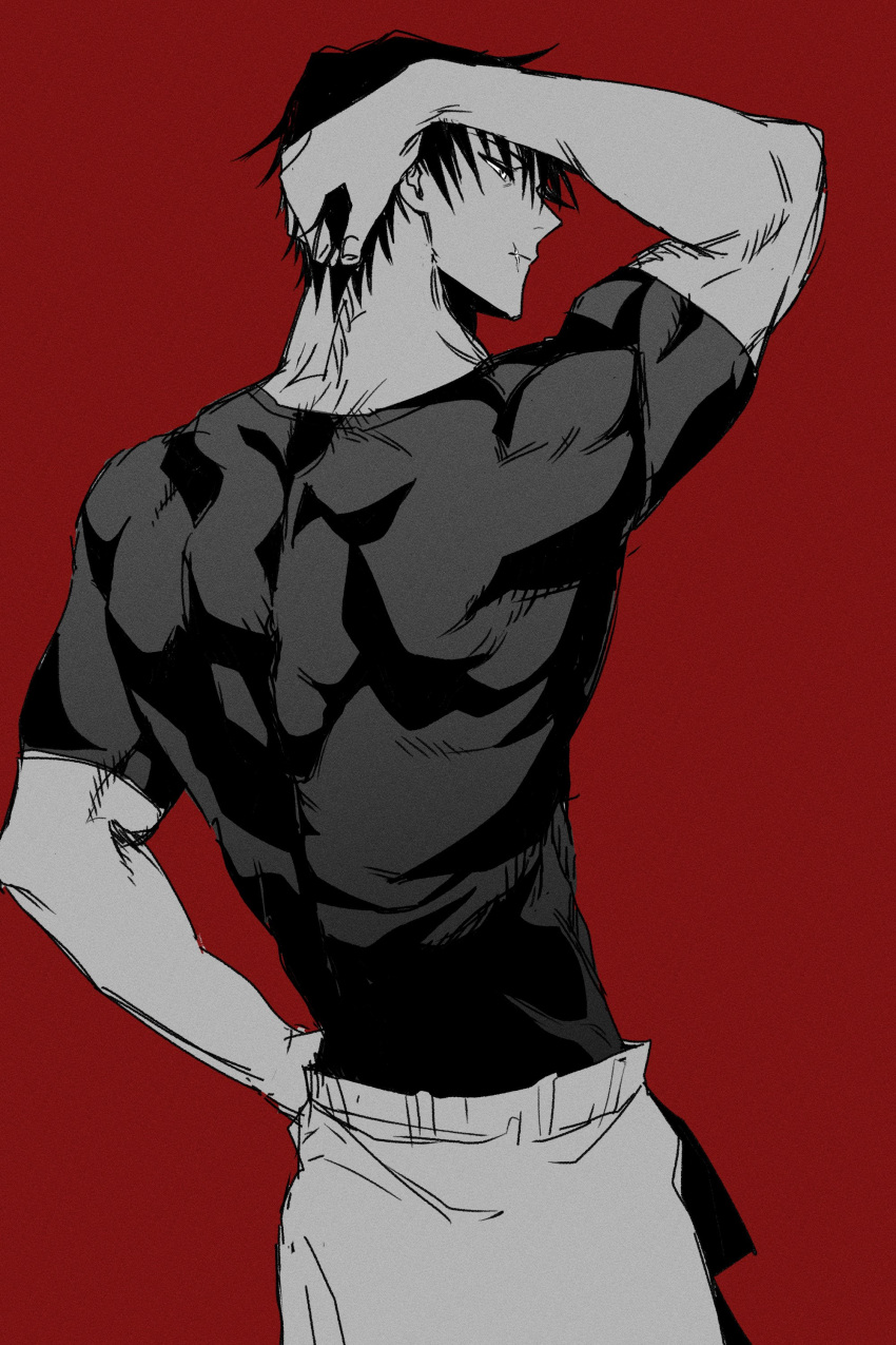 1boy absurdres back black_hair black_shirt facing_back fushiguro_touji greyscale_with_colored_background hand_on_own_head highres jujutsu_kaisen looking_to_the_side male_focus mi_muuuu muscular muscular_male red_background shirt short_hair short_sleeves simple_background solo