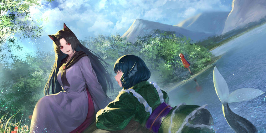 3girls :d animal_ears arm_support black_footwear blue_bow blue_hair bow brooch brown_hair bush cloak closed_eyes cloud cloudy_sky day dress facing_another grass green_kimono hair_bow head_wings highres imaizumi_kagerou japanese_clothes jewelry kimono lake long_hair looking_at_another mermaid monster_girl mountain multiple_girls non-web_source obi official_art open_mouth outdoors parted_bangs peperon_(peperou) red_cloak red_eyes red_hair sash second-party_source sekibanki shoes short_hair sitting sky smile teeth tongue touhou touhou_lost_word upper_teeth_only wakasagihime water white_dress wings wolf_ears