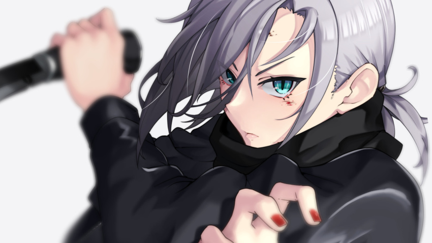 1girl black_scarf blood blood_on_face blue_eyes blurry commission depth_of_field girls'_frontline grey_hair highres holding holding_weapon knife kukri looking_at_viewer mg5_(call_of_the_hunter)_(girls'_frontline) mg5_(girls'_frontline) nakiusagi ponytail red_nails scarf skeb_commission solo weapon white_background