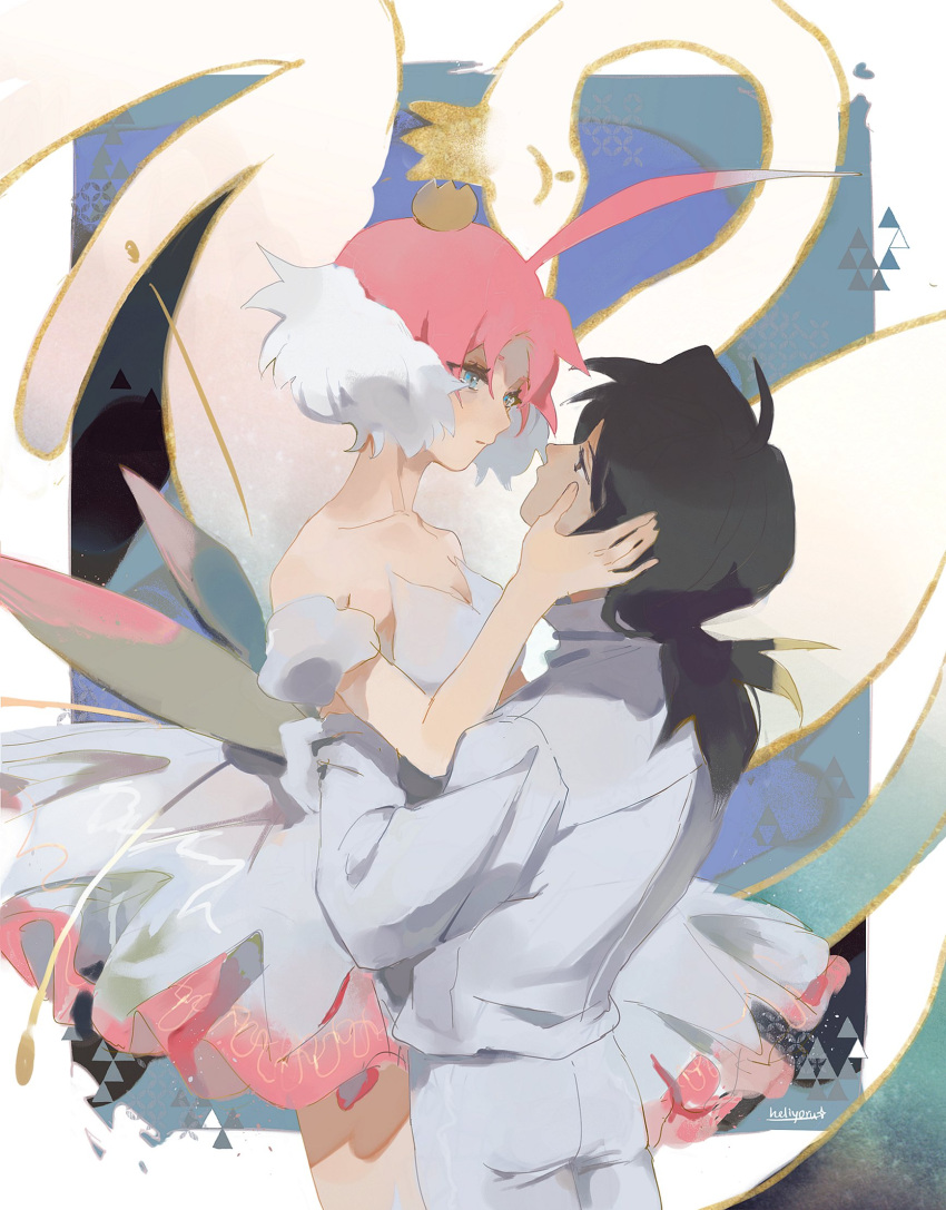 1boy 1girl ahiru_(princess_tutu) aqua_eyes ballerina bare_shoulders bird black_hair crown detached_sleeves dress fakir_(princess_tutu) formal heliyoru highres long_hair pink_hair ponytail princess_tutu puffy_short_sleeves puffy_sleeves short_hair short_sleeves suit swan tutu white_dress white_suit