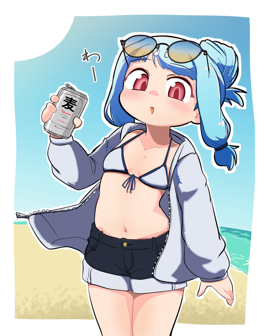 1girl absurdres alternate_costume alternate_hairstyle asihire beach beer_can bikini bikini_top_only black_shorts blue_sky blush border breasts can commentary_request cowboy_shot day denim denim_shorts eyewear_on_head grey_bikini grey_hoodie hair_bun hand_up highres holding holding_can hood hood_down hoodie kotonoha_aoi long_sleeves looking_at_viewer low_tied_sidelocks ocean open_clothes open_hoodie outdoors outline red_eyes sand short_shorts shorts sidelocks single_hair_bun sky small_breasts smile solo stomach sunglasses swimsuit voiceroid white_border white_outline