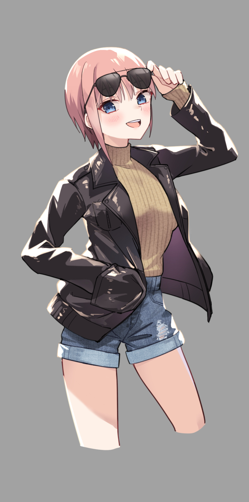 1girl :d adjusting_eyewear alternate_costume black_jacket blue_eyes brown_sweater cropped_legs denim denim_shorts eyewear_on_head go-toubun_no_hanayome grey_background hand_in_pocket hand_on_eyewear highres jacket leather leather_jacket long_sleeves looking_at_viewer nakano_ichika open_clothes open_jacket pink_hair profnote ribbed_sweater short_hair short_shorts shorts smile solo sunglasses sweater turtleneck turtleneck_sweater