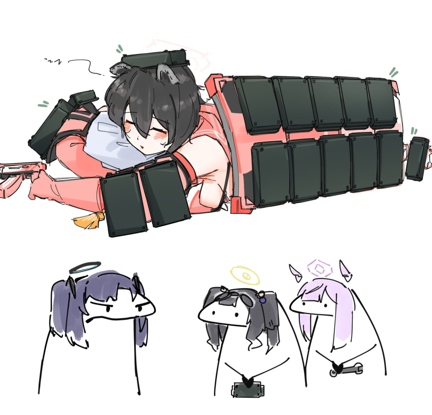 4girls animal_ears ballistic_shield bare_shoulders black_hair blue_archive blush breasts closed_eyes elbow_gloves era_bricks_(meme) floating_headgear florks flukhan gloves gun halo headgear hibiki_(blue_archive) highres long_hair meme multiple_girls purple_hair raccoon_ears reactive_armor red_gloves sideboob sideless_outfit skorpion_vz._61 sleeping submachine_gun tsubaki_(blue_archive) utaha_(blue_archive) weapon yuuka_(blue_archive)