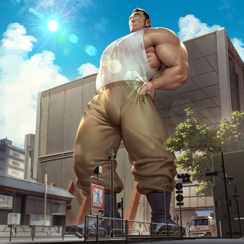 &gt;_o 1boy abs absurdres ai-assisted bald_spot bara bare_arms blue_sky building car chijimetaro cloud cloudy_sky construction cross_scar eyebrow_cut facial_hair giant giant_male godaigo_daigo godaigo_daigo_(character) grin highres house large_pectorals long_sideburns male_focus mature_male motor_vehicle muscular muscular_male nipples obliques one_eye_closed pectorals road scar short_hair sideburns sidepec sky smile solo standing stomach street stretching stubble sunlight sweat tank_top thick_eyebrows thick_thighs thighs tree white_tank_top