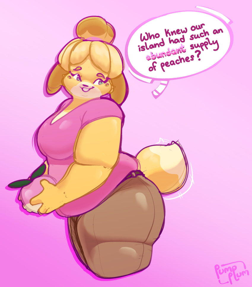 absurd_res animal_crossing anthro blonde_hair breasts canid canine canis chubby_anthro chubby_female domestic_dog english_text food fruit fur green_eyes hair hi_res holding_food holding_fruit holding_object isabelle_(animal_crossing) mammal nintendo open_mouth open_smile peach_(fruit) pink_background plant pumpplum shih_tzu simple_background smile solo tail text toy_dog yellow_body yellow_fur yellow_tail