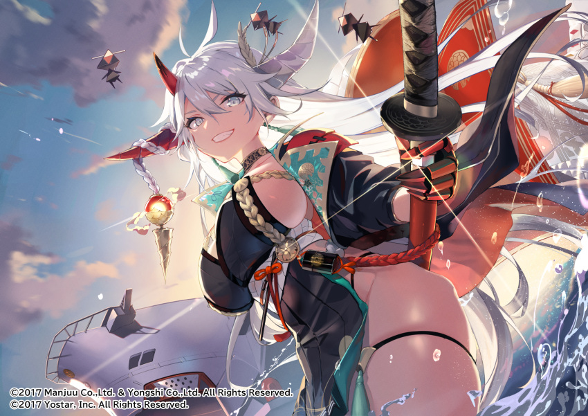 1girl ass azur_lane breasts choker floating floating_clothes hakuryuu_(azur_lane) highres holding holding_sword holding_weapon horns japanese_clothes large_breasts long_hair looking_at_viewer official_art open_mouth outdoors revealing_clothes shimotsuki_shio sideboob smile solo sword teeth thigh_strap water weapon white_eyes white_hair