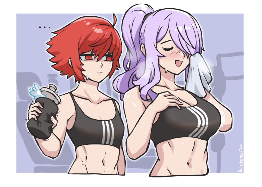 2girls :d ahoge alternate_costume alternate_hairstyle bare_arms bare_shoulders blush breasts burnt_green_tea camilla_(fire_emblem) cleavage closed_eyes collarbone commentary crop_top fire_emblem fire_emblem_fates hair_over_one_eye highres hinoka_(fire_emblem) holding large_breasts midriff multiple_girls navel open_mouth ponytail purple_hair red_eyes red_hair short_hair small_breasts smile sports_bra stomach sweat