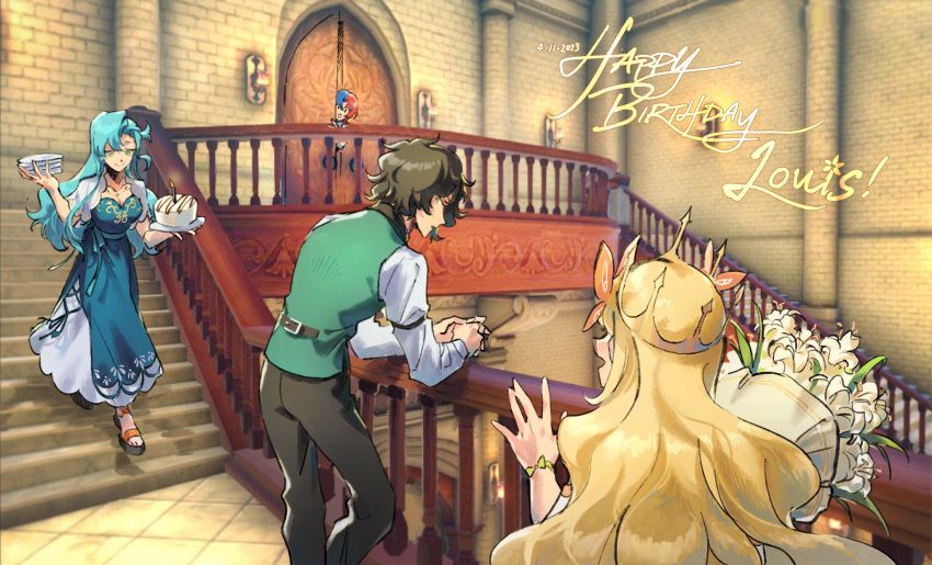 2boys 2girls alear_(fire_emblem) alear_(male)_(fire_emblem) birthday_cake black_hair blonde_hair blue_hair bouquet butterfly_hair_ornament cake celine_(fire_emblem) chloe_(fire_emblem) crown dress fire_emblem fire_emblem_engage flower food hahahashagi hair_ornament highres holding holding_bouquet holding_food long_hair long_sleeves looking_at_another louis_(fire_emblem) multicolored_hair multiple_boys multiple_girls red_hair short_hair two-tone_hair