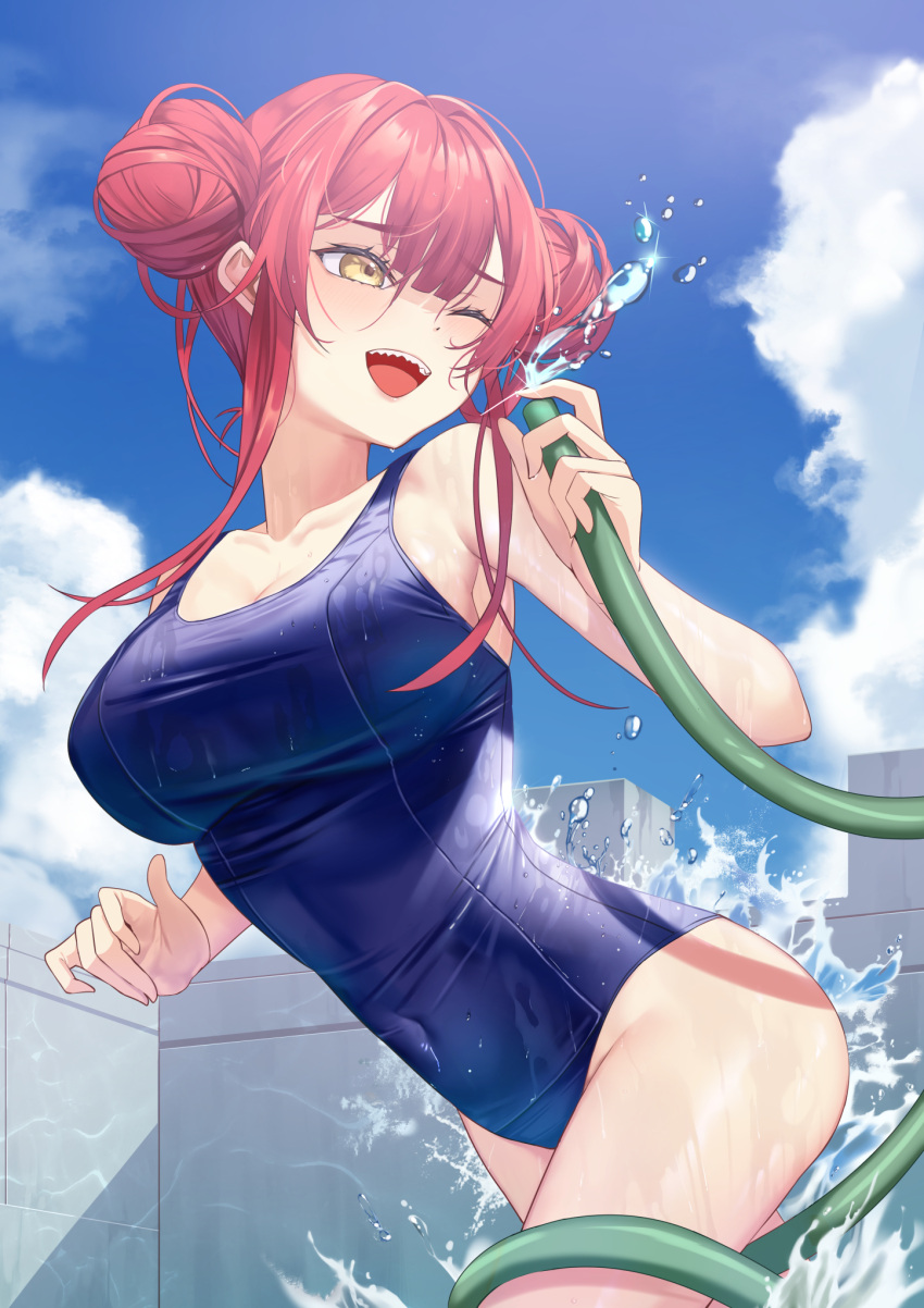 1girl arenoyoni bare_shoulders blue_one-piece_swimsuit blush breasts cleavage collarbone competition_school_swimsuit covered_navel double_bun hair_bun highleg highleg_swimsuit highres holding holding_hose hololive hose houshou_marine large_breasts long_hair looking_at_viewer one-piece_swimsuit one_eye_closed open_mouth outdoors red_hair school_swimsuit sharp_teeth smile solo swimsuit teeth thighs upper_teeth_only virtual_youtuber yellow_eyes