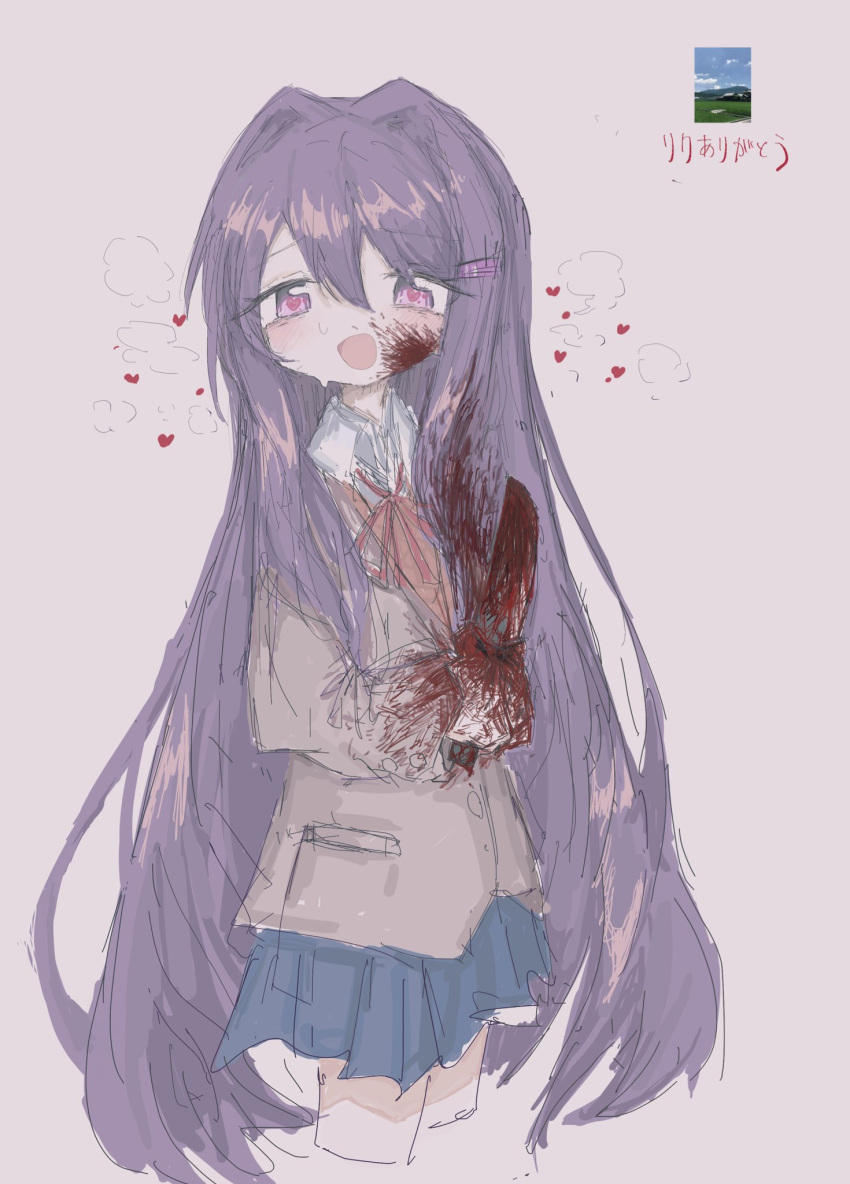 1girl blood blood_on_clothes blood_on_face blood_on_hands blood_on_knife blue_skirt blush cropped_legs doki_doki_literature_club hair_between_eyes hair_ornament hairclip heart heart-shaped_pupils highres holding holding_knife jacket knife long_hair long_sleeves looking_at_viewer open_mouth pink_eyes pleated_skirt purple_hair reitoubeef school_uniform simple_background sketch skirt solo sweat symbol-shaped_pupils very_long_hair yuri_(doki_doki_literature_club)