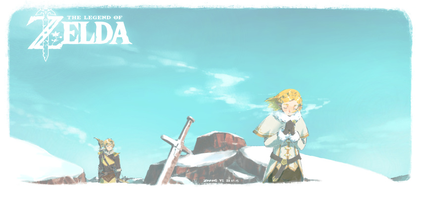 absurdres blonde_hair blue_sky braid closed_eyes crown_braid fur_trim gloves highres kchang57 link logo official_alternate_costume princess_zelda princess_zelda_(botw) scenery sky snow snowquill_set_(zelda) the_legend_of_zelda the_legend_of_zelda:_breath_of_the_wild wide_shot