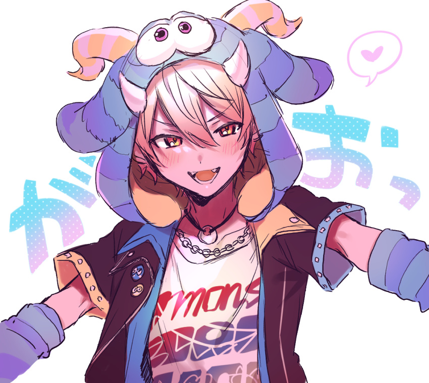 1boy animal_hood arm_warmers badge black_jacket blonde_hair blue_jacket blush button_badge casual chain_necklace chanms clothes_writing collarbone commentary double-parted_bangs fake_horns gradient_hair gradient_text hair_between_eyes heart hibiku_twilight_parade_(project_sekai) hood hood_up hooded_jacket horns jacket jewelry looking_at_viewer lower_teeth_only male_focus multicolored_clothes multicolored_hair multicolored_jacket necklace official_alternate_costume open_mouth orange_hair pendant project_sekai roaring shirt short_hair short_sleeves simple_background smile solo sound_effects spoken_heart t-shirt teeth tenma_tsukasa upper_body white_background yellow_jacket