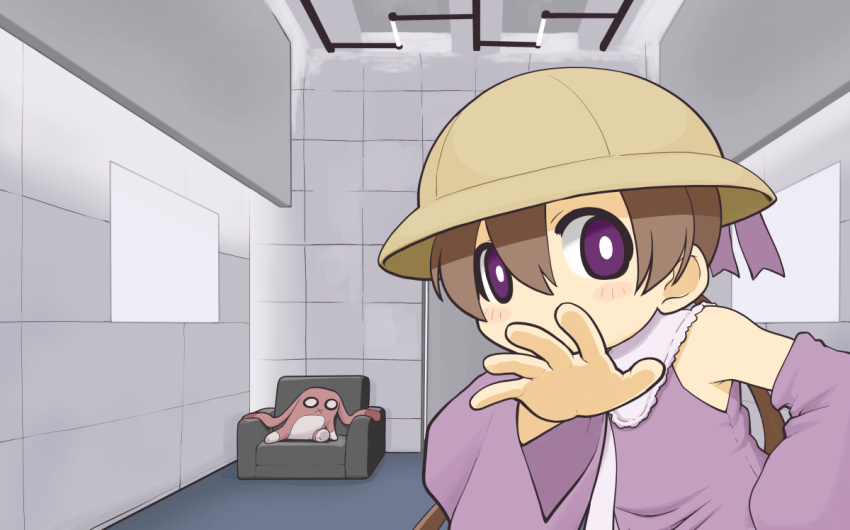 1girl armchair blush_stickers bright_pupils brown_hair ceiling_light chair collared_dress commentary_request covered_mouth detached_sleeves dress empty_eyes hand_on_own_hip hand_up hat hat_ribbon indoors jamiroquai long_hair looking_at_viewer low_twintails pose_imitation purple_dress purple_eyes purple_ribbon ribbon school_hat sleeveless sleeveless_dress solo stuffed_animal stuffed_rabbit stuffed_toy tile_wall tiles tsukuyomi_ai twintails upper_body voiceroid white_pupils yunji