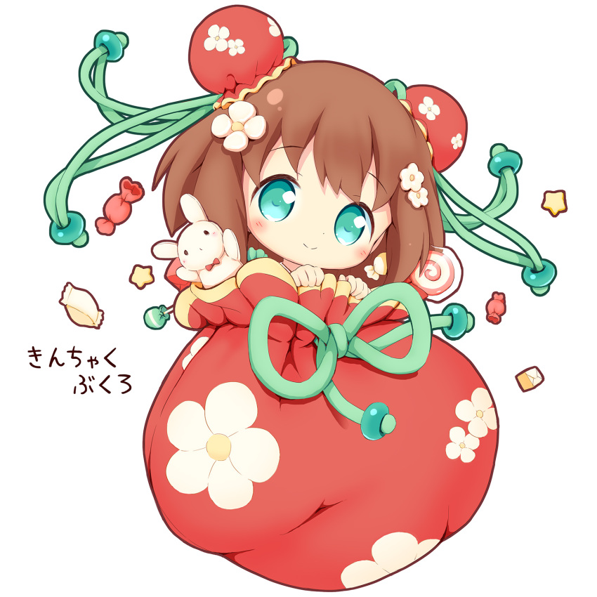 1girl aikei_ake blue_eyes brown_hair bun_cover candy candy_wrapper chibi double_bun flower food full_body hair_bun hair_flower hair_ornament highres lollipop looking_at_viewer original personification pouch simple_background solo star_(symbol) stuffed_animal stuffed_rabbit stuffed_toy swirl_lollipop translation_request white_background white_flower