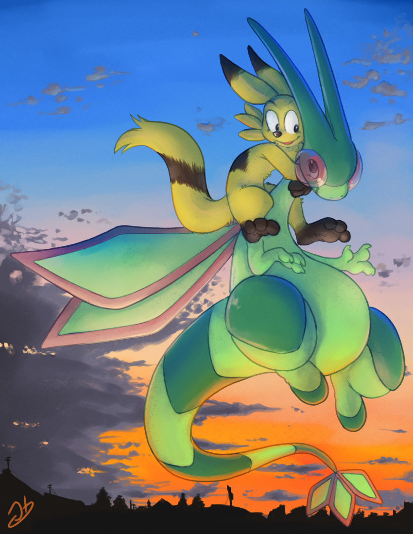 2023 absurd_res anthro cloudscape colored duo embrace feral flurret flygon flying generation_3_pokemon hi_res male male/male nintendo pokemon pokemon_(species) sky stormdragonblue suburbs sunset