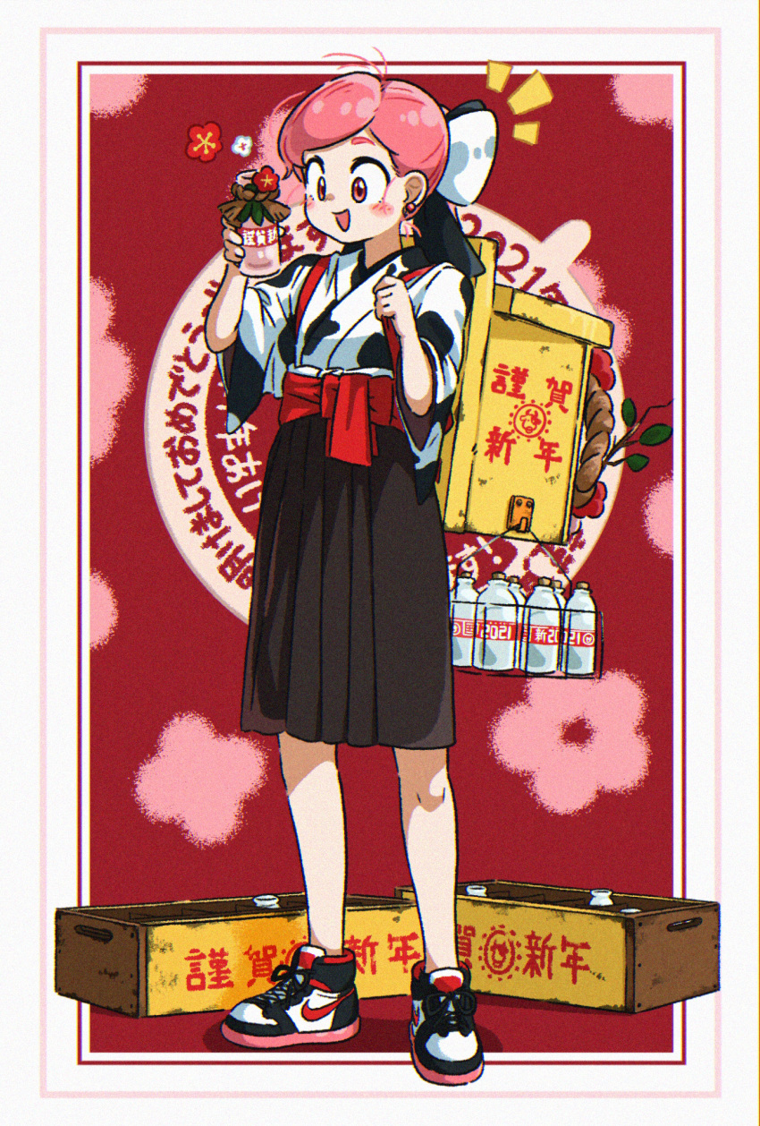 1girl :d animal_print appleq black_footwear black_hakama blush bottle chinese_zodiac commentary_request cow_print crate flower full_body hakama hakama_skirt hands_up happy_new_year highres holding holding_bottle japanese_clothes kimono milk_bottle nike notice_lines original pink_hair print_kimono red_eyes red_flower shoes short_sleeves skirt smile solo standing swept_bangs thick_eyebrows translation_request wide_sleeves year_of_the_ox