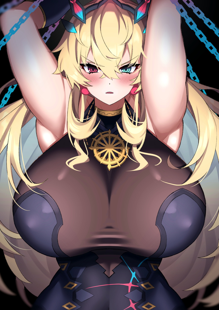 1girl absurdres armpits arms_up barghest_(fate) barghest_(second_ascension)_(fate) blonde_hair blue_eyes blush breasts chain chained covered_nipples fate/grand_order fate_(series) heterochromia highres huge_breasts imuzi jewelry long_hair pendant red_eyes revision sleeveless solo