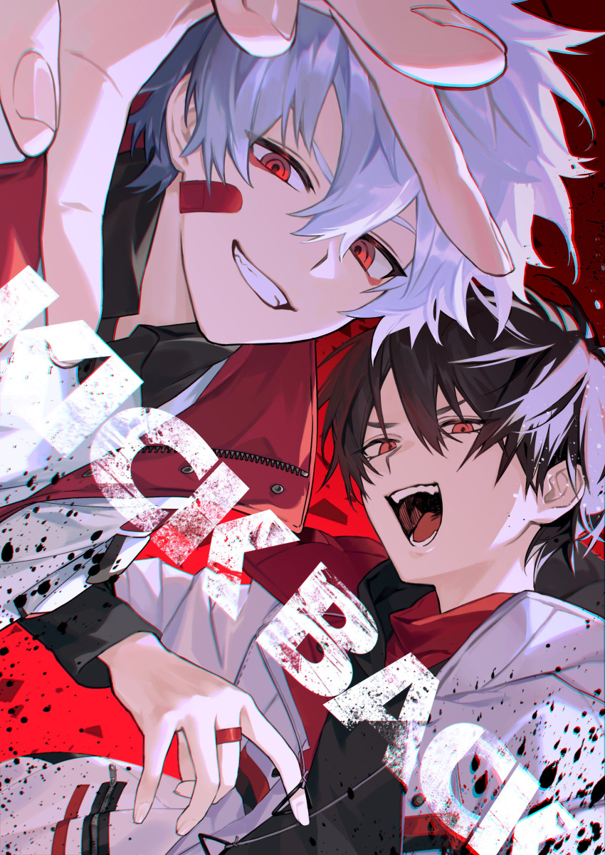 2boys absurdres bandaid bandaid_on_face black_hair black_shirt collared_shirt eyeshadow highres iv_4t jewelry makeup multiple_boys nijisanji open_mouth piroparu red_eyes red_eyeshadow ring shirt short_hair song_name virtual_caligrapher_piroparu virtual_youtuber white_hair yumeoi_kakeru