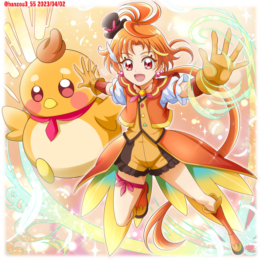 1boy belt_bow bird brooch cure_wing dual_persona earrings full_body gloves gradient_background hanzou hat highres hirogaru_sky!_precure jewelry magical_boy medium_hair mini_hat mini_top_hat open_mouth orange_background orange_footwear orange_gloves orange_hair orange_sailor_collar orange_shorts precure puffy_sleeves sailor_collar shirt shorts smile top_hat vest white_shirt wing_brooch wing_hair_ornament yuunagi_tsubasa