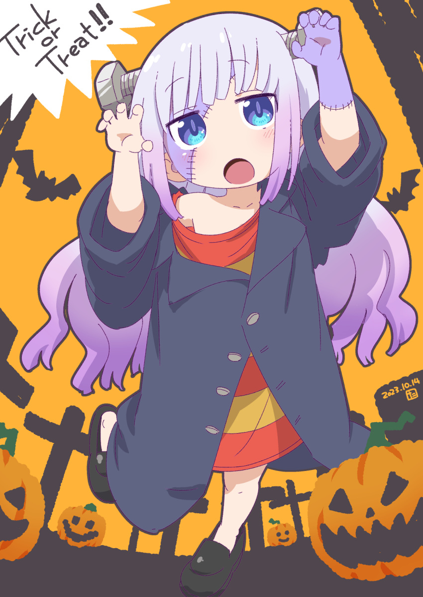 1girl :o bat_(animal) black_coat black_footwear blue_eyes coat cosplay facepaint frankenstein's_monster frankenstein's_monster_(cosplay) halloween halloween_costume highres jack-o'-lantern kanna_kamui kobayashi-san_chi_no_maidragon long_hair object_through_head open_mouth outstretched_arms oversized_clothes patchwork_skin purple_hair samansa_ex screw_in_head solo stitched_face stitches trick_or_treat zombie_pose