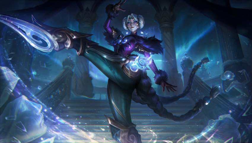1girl absurdres arm_up aurora blue_eyes camille_(league_of_legends) closed_mouth earrings expressionless eyeshadow fur_trim glowing glowing_eyes green_pants highres ice jewelry league_of_legends leg_up light_particles long_sleeves looking_at_viewer makeup night night_sky official_alternate_costume official_alternate_hairstyle official_art outdoors pants pillar sky solo stairs standing standing_on_one_leg white_hair winterblessed_camille