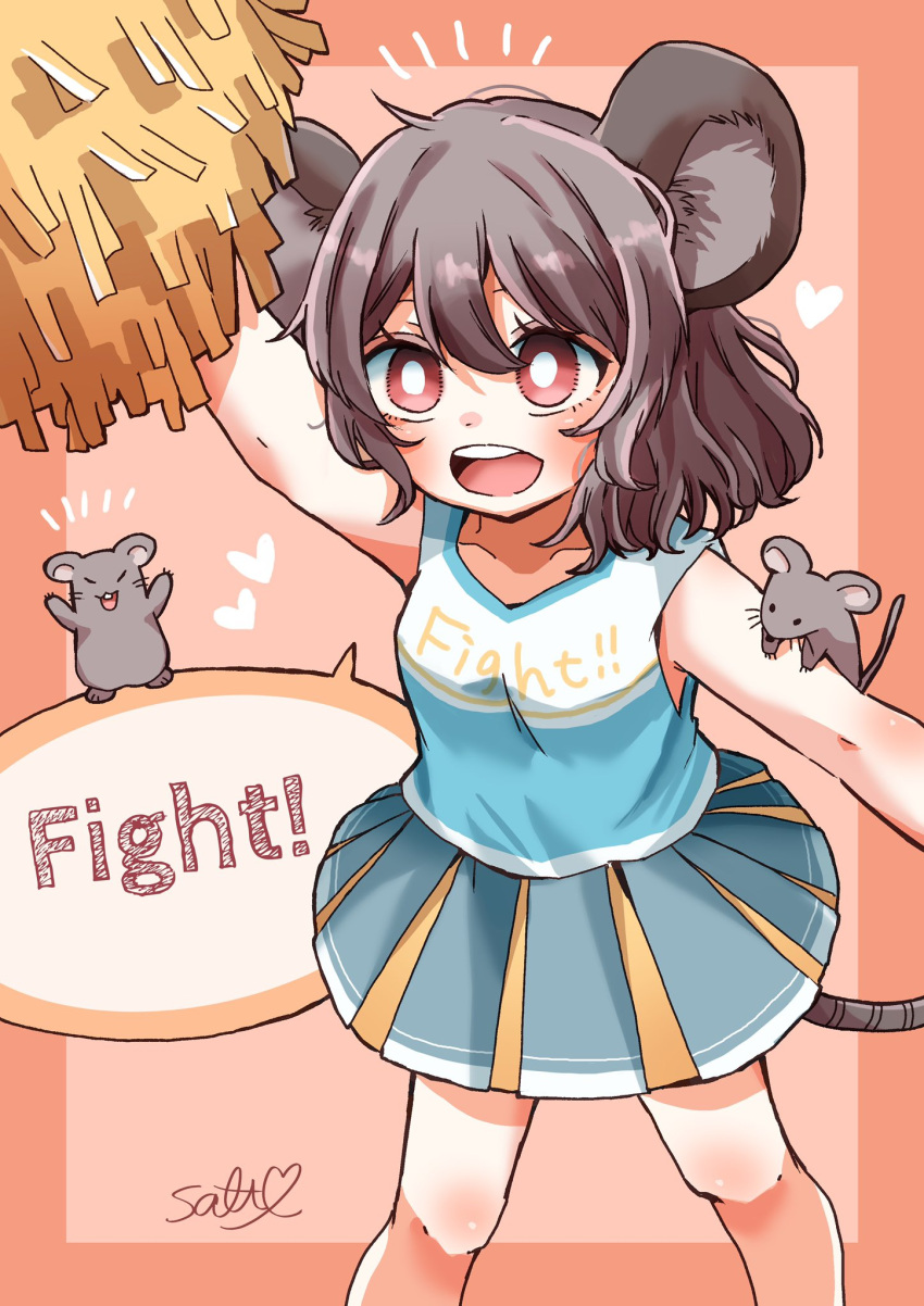 1girl animal_ears blue_shirt bright_pupils cheerleader clothes_writing commentary_request commission english_text feet_out_of_frame grey_hair grey_skirt highres holding holding_pom_poms looking_at_viewer mouse mouse_ears mouse_girl mouse_tail multiple_sources nazrin open_mouth partial_commentary pom_pom_(cheerleading) red_eyes salt_(seasoning) shirt short_hair signature skeb_commission skirt sleeveless sleeveless_shirt speech_bubble tail teeth touhou upper_teeth_only white_pupils