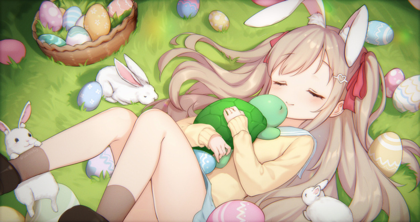 1girl animal animal_ear_fluff animal_ears animal_hug basket blue_sailor_collar blue_skirt brown_footwear cardigan easter easter_egg egg grass hair_ornament hair_ribbon hairclip heart heart_hair_ornament highres hug indie_virtual_youtuber knees_up light_blush light_brown_hair lolittleboy long_hair lying neuro-sama on_grass rabbit rabbit_ears red_ribbon ribbon sailor_collar skirt sleeping turtle two_side_up vedal987 virtual_youtuber yellow_cardigan