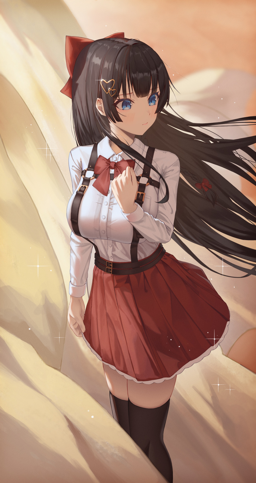 1girl absurdres black_hair black_thighhighs blue_eyes bow bowtie braid breasts chest_harness collared_shirt commentary curtains dos_(ehgns007kr) dress_shirt hair_bow hair_ornament hand_on_own_chest harness heart heart_hair_ornament highres hime_cut large_breasts long_hair long_sleeves looking_back o-ring_harness pleated_skirt red_bow red_bowtie red_skirt shirayuki_hina shirt skirt solo stellive suspender_skirt suspenders thighhighs very_long_hair virtual_youtuber white_shirt wind wing_collar zettai_ryouiki