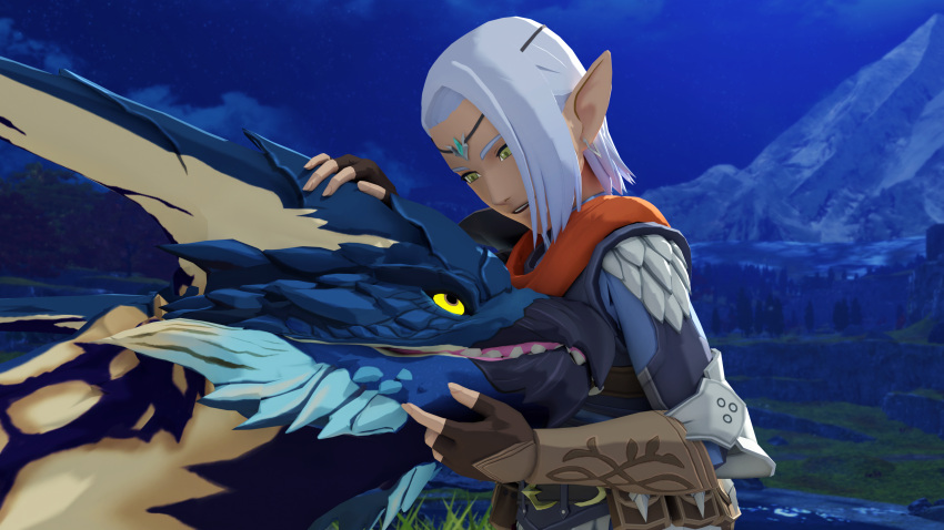 16:9 2021 3d_(artwork) 4_fingers 4k absurd_res accessory alwin_(monster_hunter_stories) ambiguous_gender armor beak blue_body blue_scales capcom clothed clothing detailed_background digital_media_(artwork) dragon duo feral fingers flying_wyvern grass hair hand_on_head hand_on_jaw headband hi_res humanoid humanoid_pointy_ears ivorylagiacrus larger_ambiguous larger_feral legiana male membrane_(anatomy) monster_hunter monster_hunter_stories monster_hunter_stories_2:_wings_of_ruin mountain night open_mouth outside petting petting_head plant scales scalie scratching scratching_head size_difference sky smaller_humanoid smaller_male smile teeth tree white_hair widescreen wyverian wyvern yellow_sclera