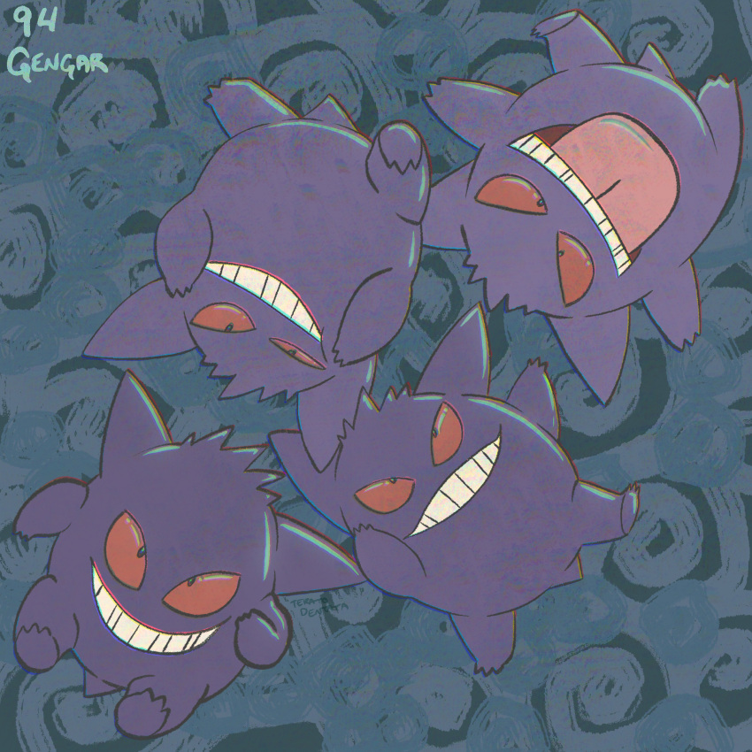 black_eyes bright_pupils character_name commentary gengar grey_background grin highres no_humans open_mouth pokedex_number pokemon pokemon_(creature) smile teeth teratodentata tongue tongue_out