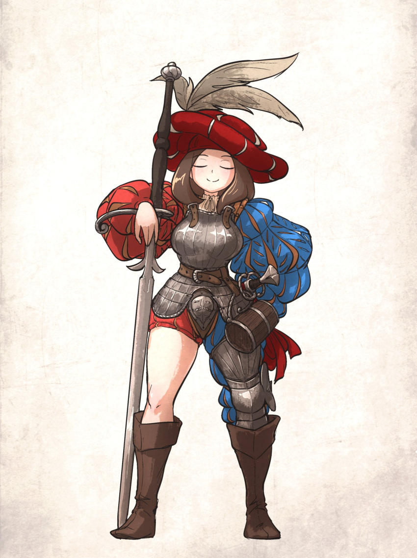 1girl absurdres armor boobplate boots breastplate brown_footwear brown_hair closed_eyes closed_mouth codpiece english_commentary hand_on_hilt hand_on_own_hip hat hat_feather highres ironlily jacket katzbalger knee_boots landsknecht landsknecht_(ironlily) leather leather_jacket long_sleeves long_sword medium_hair original planted puffy_long_sleeves puffy_sleeves red_headwear renaissance_clothes smile solo sword two-handed_sword weapon white_background zweihander