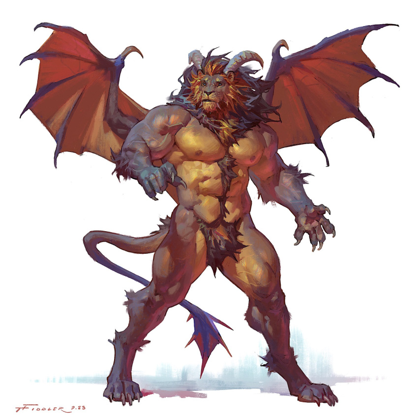 2023 abs anthro areola biceps biped crotch_tuft digital_media_(artwork) felid hi_res horn iranian_mythology male mammal mane manticore membrane_(anatomy) membranous_wings middle_eastern_mythology muscular muscular_anthro muscular_male muscular_thighs mythology nipples nude pecs pose purple_mane quads red_mane simple_background solo standing tail taran_fiddler thick_thighs tuft vein veiny_muscles whiskers white_background wings