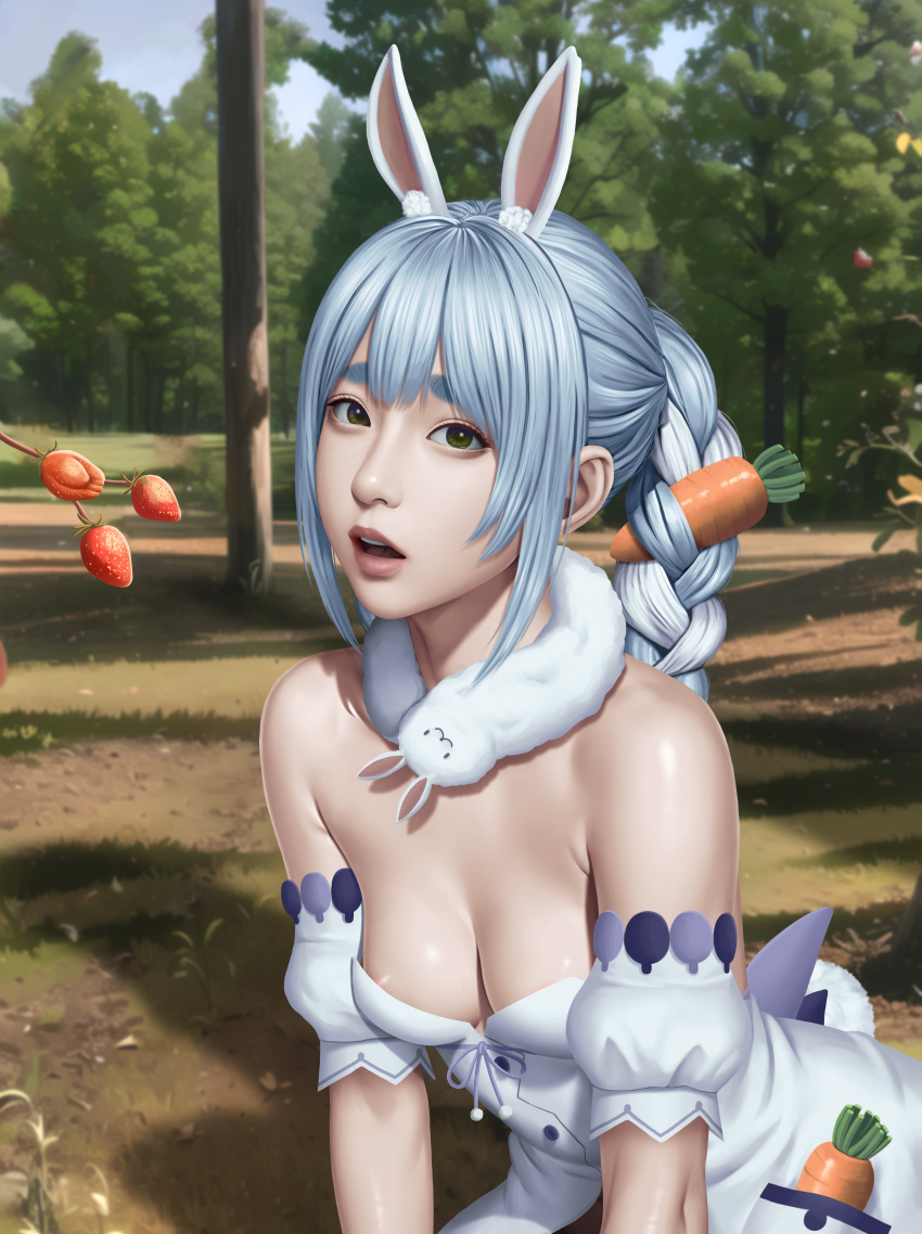 1girl absurdres animal_ear_fluff animal_ears areola_slip bare_shoulders blue_hair blue_sky braid breasts caramel_buding carrot carrot_hair_ornament carrot_in_pocket cleavage commentary detached_sleeves don-chan_(usada_pekora) foliage food food-themed_hair_ornament forest fruit fur_scarf grass green_eyes hair_between_eyes hair_ornament hands_on_ground hands_on_own_knees highres hikimayu hololive kneeling leaning_forward lips long_hair medium_breasts multicolored_hair nature nose outdoors parted_lips pink_lips puffy_short_sleeves puffy_sleeves rabbit_ears rabbit_girl rabbit_tail realistic romaji_commentary shadow short_eyebrows short_sleeves sidelocks sky solo strapless_coat strawberry tail teeth thick_eyebrows twin_braids two-tone_hair upper_teeth_only usada_pekora usada_pekora_(1st_costume) virtual_youtuber white_fur white_hair white_sleeves