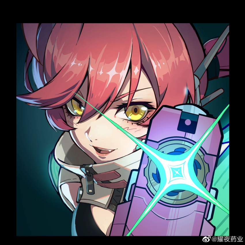 1girl absurdres black_border border chinese_commentary fang firing hair_between_eyes high_collar highres muzzle_flash open_mouth original portrait red_hair red_lips solo sparkle teeth upper_teeth_only weibo_logo weibo_username yaoye_yaoye yellow_eyes