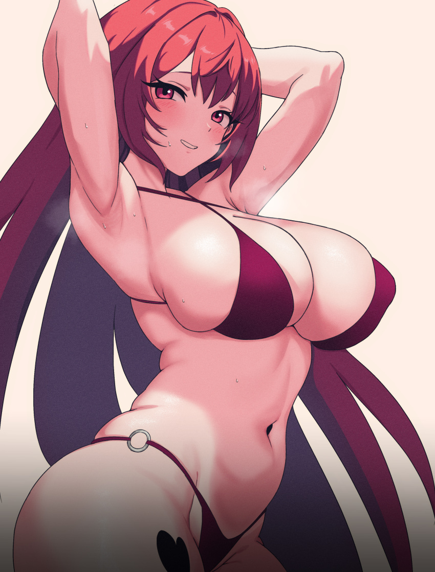 1girl absurdres arched_back armpits arms_up bikini blush breasts commission gradient_background grin hair_between_eyes heart heart_sticker highres large_breasts long_hair looking_at_viewer navel neinlol o-ring o-ring_bikini original purple_bikini red_eyes red_hair sideboob simple_background skindentation smile solo steam stomach swimsuit underboob very_long_hair