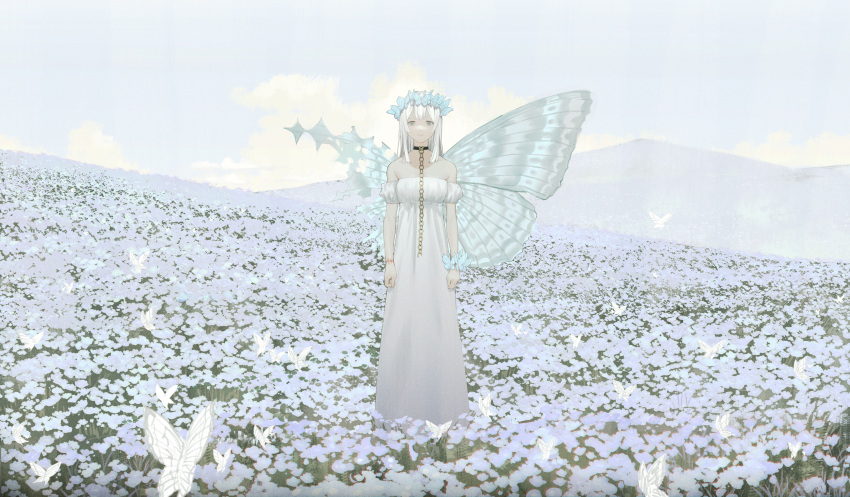 1girl :&gt; absurdres animal aqua_eyes blue_butterfly_wings blue_flower blue_sky blue_theme blue_wings bracelet broken broken_chain bug butterfly butterfly_on_arm butterfly_on_head butterfly_wings butterfly_wreath chain choker closed_mouth cloud commentary_request damaged day detached_sleeves dress field flower flower_field gold_chain hair_ornament head_wreath highres injury insect_wings jewelry kento_matsuura landscape looking_at_viewer medium_bangs medium_hair mountain notched_wings original sad_smile scar sky solo standing straight-on white_dress white_hair wings