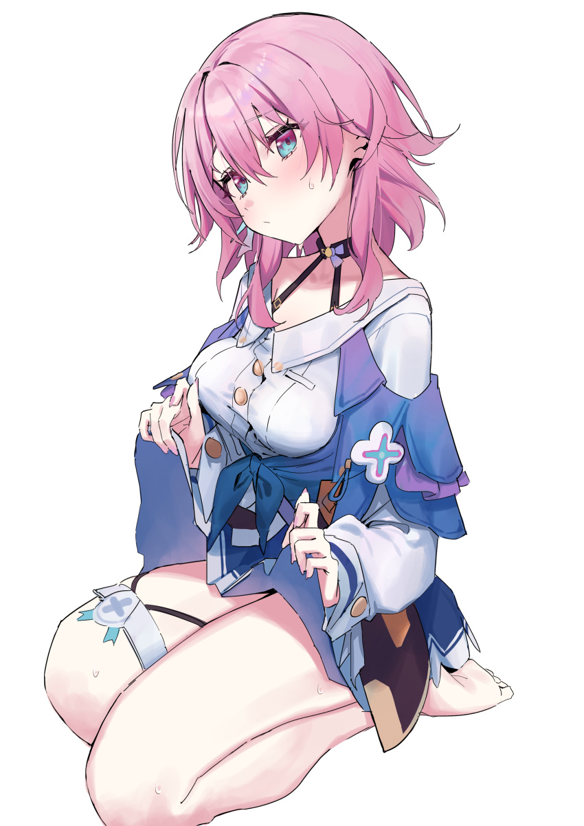 1girl absurdres bare_legs barefoot blush breasts choker closed_mouth clothes_lift hair_between_eyes highres honkai:_star_rail honkai_(series) lifted_by_self long_sleeves looking_at_viewer march_7th_(honkai:_star_rail) medium_breasts multicolored_eyes pink_hair shirt short_hair_with_long_locks simple_background sitting solo sweat syhan thigh_strap two-tone_eyes white_background white_shirt