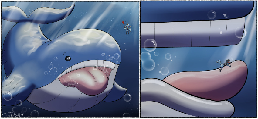 &lt;3 2019 ambiguous_gender bubble digital_media_(artwork) duo generation_3_pokemon generation_4_pokemon hi_res hugging_tongue imminent_vore in_mouth macro micro_on_tongue nintendo on_tongue pokemon pokemon_(species) riolu suddendraft tongue tongue_out underwater wailord water