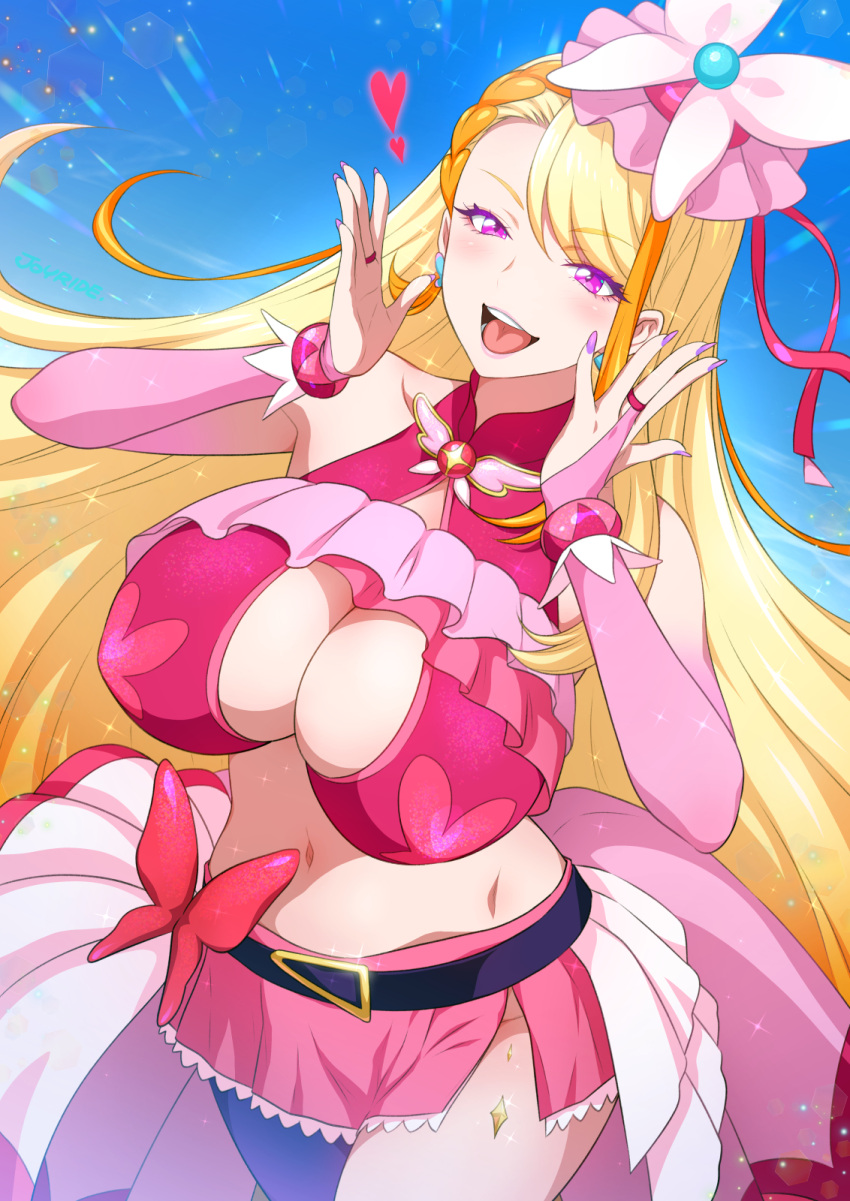 1girl :d aged_up bare_shoulders belt belt_bow black_belt blonde_hair blue_background blush bracelet braid breasts bridal_gauntlets brooch butterfly_earrings cleavage clothing_cutout collarbone commentary_request crop_top cure_butterfly earrings french_braid groin hands_up hat heart highres hijiri_ageha hirogaru_sky!_precure jewelry joy_ride large_breasts long_hair looking_at_viewer magical_girl midriff mini_hat mini_top_hat miniskirt multicolored_hair navel open_mouth orange_hair pink_headwear pink_shirt pink_skirt precure purple_eyes purple_nails shirt side_cutout single_leg_pantyhose skirt sleeveless sleeveless_shirt smile solo standing streaked_hair swept_bangs teeth top_hat two-tone_hair upper_teeth_only very_long_hair wing_brooch