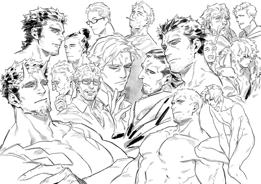 6+boys abs bara bored chest_hair crossed_arms facial_hair from_side frown glasses goatee_stubble grin happy horns jitome large_pectorals long_mustache long_sideburns male_focus mature_male multiple_boys multiple_views muni_(fdrk) muscular muscular_male nipples nude old old_man oni oni_horns original pectorals short_hair sideburns smile sparse_stubble stubble thick_eyebrows thick_mustache