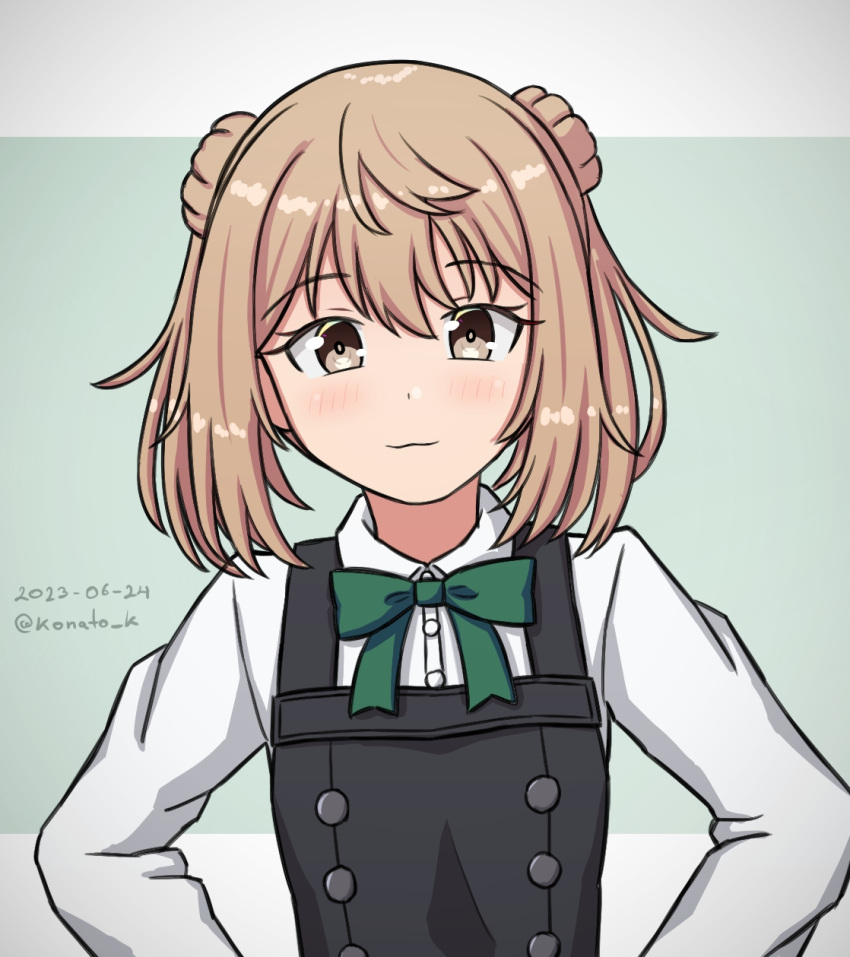 1girl :3 bow bowtie brown_eyes collared_shirt dated double_bun dress dress_shirt green_bow green_bowtie hair_bun hands_on_own_hips highres kantai_collection konato_k light_brown_hair medium_hair michishio_(kancolle) michishio_kai_ni_(kancolle) one-hour_drawing_challenge pinafore_dress shirt short_twintails sleeveless sleeveless_dress smile solo twintails twitter_username upper_body white_shirt