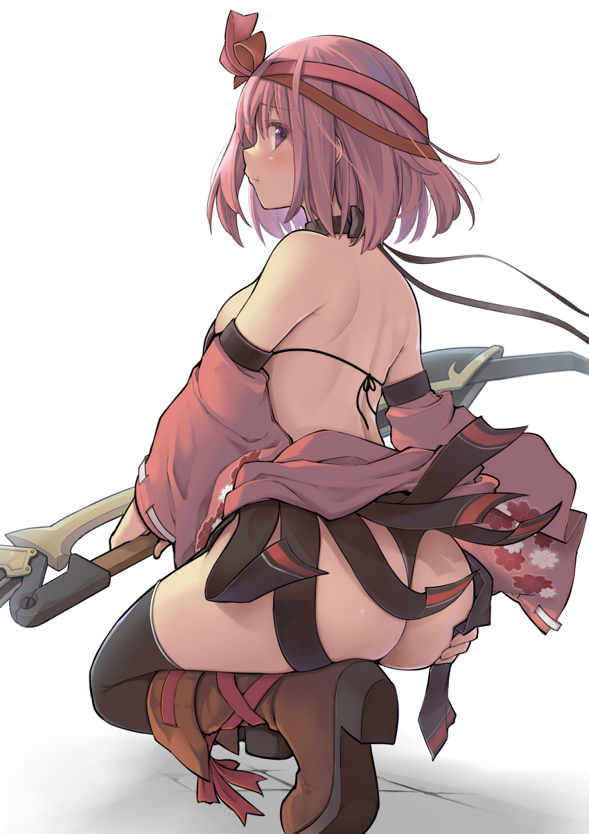 1990s_(style) 1girl :t absurdres ass back backless_kimono bare_back bare_shoulders bikini black_bikini black_panties black_thighhighs blush boots breasts brown_footwear chocolate_cosmos_(flower_knight_girl) commentary_request detached_sleeves flower_knight_girl frilled_sleeves frills from_behind headband highres japanese_clothes kimono kintarou_(kintarou's_room) large_breasts looking_at_viewer median_furrow panties pink_hair pout purple_eyes red_headband red_kimono retro_artstyle short_hair short_kimono shoulder_blades sideways_glance solo squatting string_bikini swimsuit thighhighs underwear