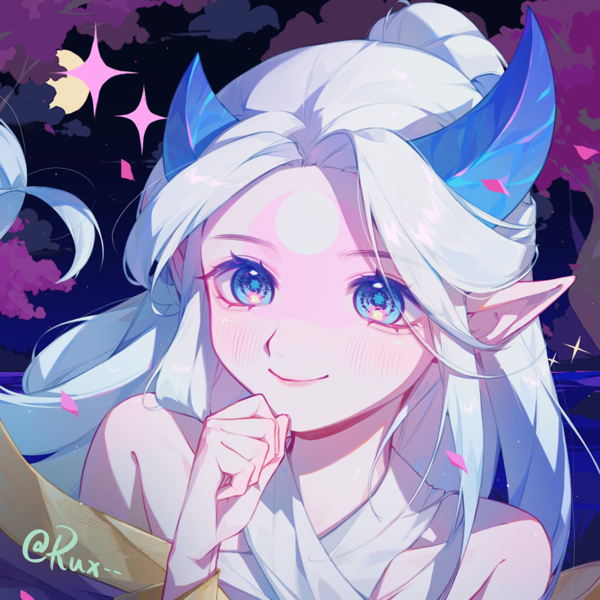 1girl absurdres alune_(league_of_legends) artist_name asymmetrical_horns bare_shoulders blush closed_mouth colored_skin green_eyes hair_bun hand_up highres horns league_of_legends night official_alternate_costume outdoors ruan_chen_yue single_hair_bun smile solo tree white_skin