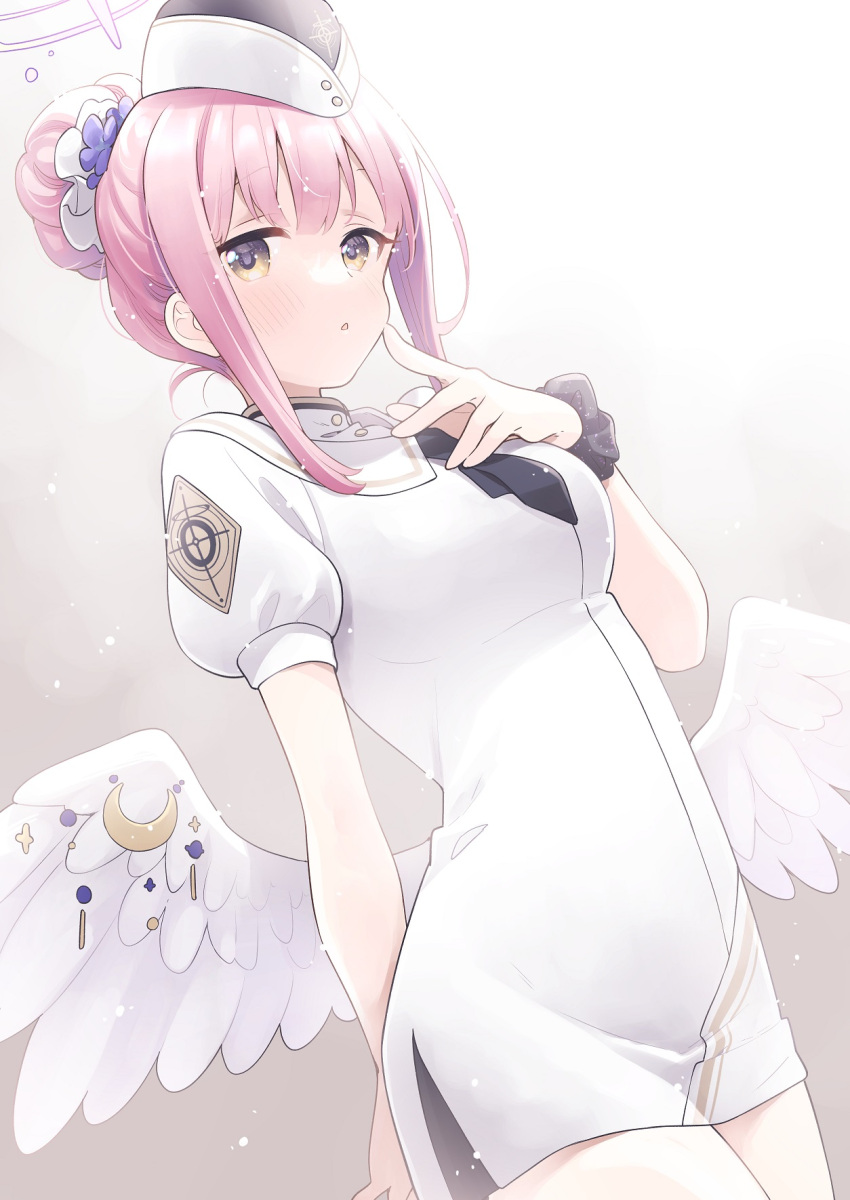 1girl angel_wings blue_archive blush breasts cowboy_shot dress feathered_wings flower hair_bun hair_flower hair_ornament hat highres medium_breasts mika_(blue_archive) parted_lips pink_hair puffy_short_sleeves puffy_sleeves purple_flower short_hair short_sleeves solo uchino_maiko white_dress white_headwear white_wings wings yellow_eyes