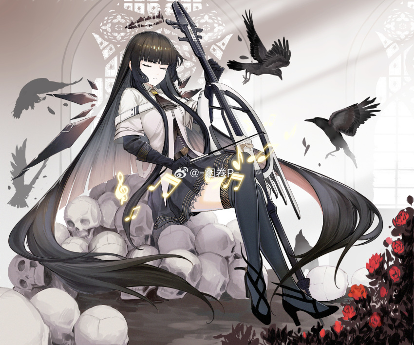1girl animal arknights artist_name ascot belt belt_buckle bird black_ascot black_belt black_bustier black_feathers black_footwear black_gloves black_hair black_halo black_wings blunt_bangs bone bow_(music) breasts broken_halo buckle bustier buttons cello chinese_commentary chinese_text cigarette_p closed_eyes closed_mouth collared_jacket colored_inner_hair commentary_request concentrating crossed_legs crow dark_halo day detached_wings dress_shirt energy_wings facing_ahead falling_feathers feathers flower flying from_side full_body glass gloves grey_hair grey_shirt grey_skirt grey_thighhighs halo hand_up high_heels highres hime_cut holding holding_bow_(music) holding_instrument holding_violin indoors instrument jacket layered_sleeves leaf light_rays long_hair long_sleeves medium_breasts miniskirt mole mole_under_eye multicolored_hair music musical_note pale_skin plant playing playing_instrument pleated_skirt red_flower red_hair red_rose rose shirt short_over_long_sleeves short_sleeved_jacket short_sleeves sidelocks sitting skirt skull solo stained_glass strappy_heels sunbeam sunlight thighhighs very_long_hair violin virtuosa_(arknights) watermark weibo_logo weibo_username white_belt white_jacket wide_sleeves window wing_collar wings zettai_ryouiki
