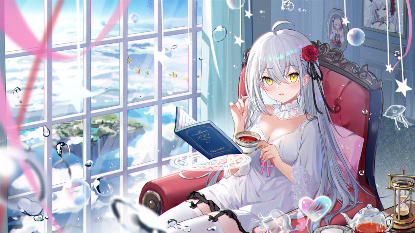1girl :o ahoge armchair black_bow black_ribbon blue_sky blush book bow bow_legwear braid breasts bubble chair choker cleavage cloud cowboy_shot cup curtains dress febee fish floating_island flower flying_fish frilled_choker frills glass_teapot hair_flower hair_ornament hair_ribbon heart_bubbles highres holding holding_cup hourglass indie_virtual_youtuber indoors jellyfish kuo_(kuo114514) lace-trimmed_dress lace_trim large_breasts long_hair magic_circle neckerchief on_chair open_book picture_(object) picture_frame pink_ribbon plate reading red_flower red_rose ribbon rose short_sleeves side_braid sitting sky solo star_(symbol) tea teapot thigh_strap thighhighs v-neck virtual_youtuber water_drop white_choker white_dress white_hair white_thighhighs window yellow_eyes