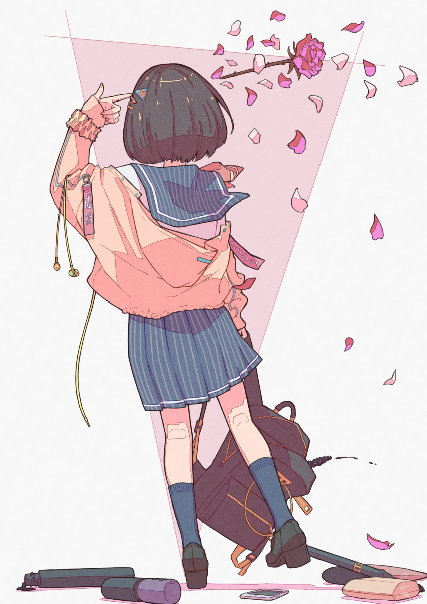 1girl bag black_hair blue_skirt blue_socks bob_cut cardigan cellphone earphones falling_petals finger_gun flower folder hair_ornament hairpin highres holding holding_bag looking_ahead mary_janes norikoi norikoi-chan_(norikoi) open_cardigan open_clothes original petals phone pink_flower pink_rose pleated_skirt rose rose_petals school_uniform serafuku shoes signature simple_background skirt smartphone socks translation_request tumbler yellow_cardigan