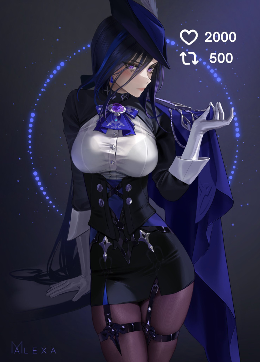 1girl artist_name ascot black_corset black_pantyhose black_skirt blue_ascot blue_cape blue_hair breasts cape clorinde_(genshin_impact) closed_mouth commentary corset english_commentary genshin_impact gloves hat hat_feather highres large_breasts like_and_retweet lips looking_at_viewer m_alexa pantyhose pink_lips purple_eyes shoulder_cape skirt solo white_gloves