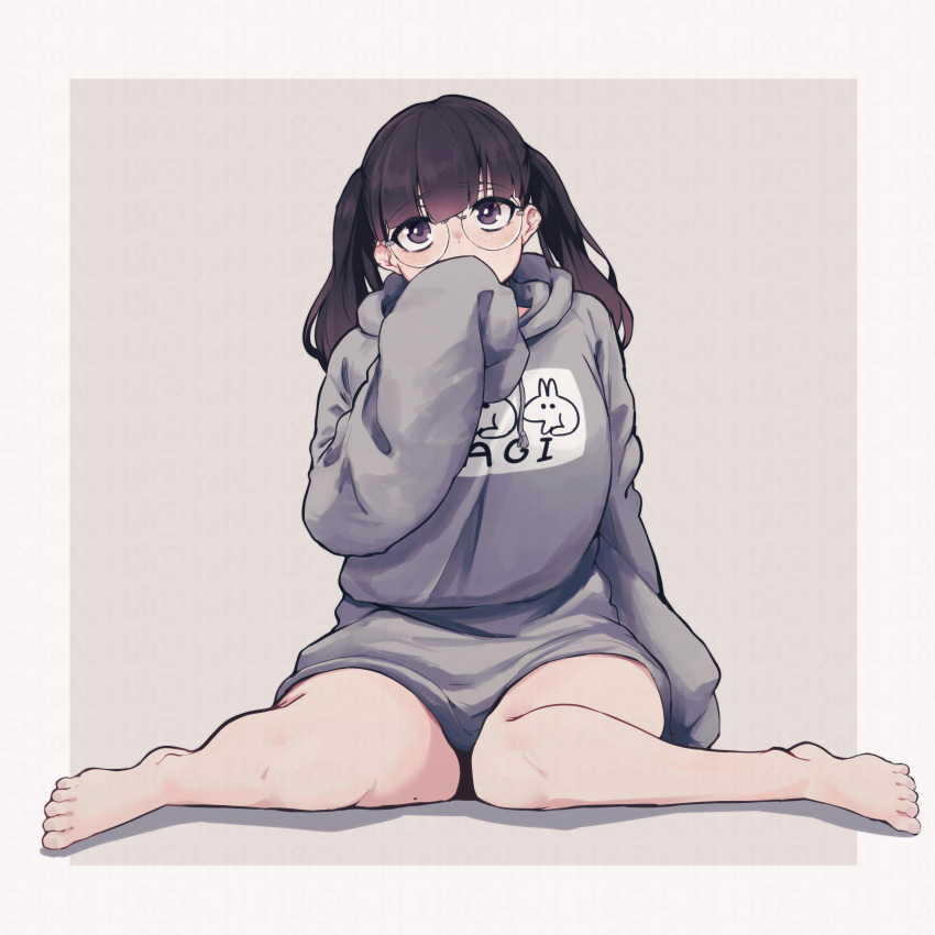 1girl 96nokimihito absurdres baggy_clothes barefoot breasts covering_mouth glasses head_tilt highres hood hoodie large_breasts looking_at_viewer original print_hoodie purple_eyes simple_background sitting sleeves_past_fingers sleeves_past_wrists solo thighs twintails