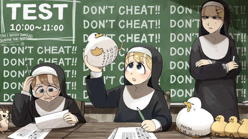 3girls bird blonde_hair blue_eyes body_writing brown_hair catholic chalk chalkboard cheating_(competitive) chicken clumsy_nun_(diva) diva_(hyxpk) duck duckling english_commentary flower glasses glasses_nun_(diva) habit hair_flower hair_ornament hairpin hedgehog highres little_nuns_(diva) mole mole_on_cheek multiple_girls nun pencil round_eyewear strict_nun_(diva) traditional_nun